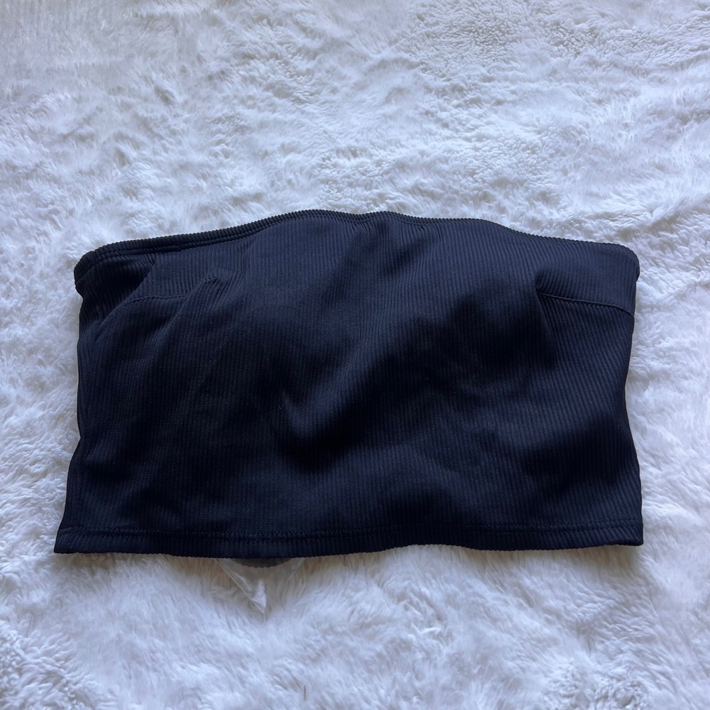 Aerie Black Ribbed Bandeau Bikini Top Real Good Strapless Swim Top Small NWT
